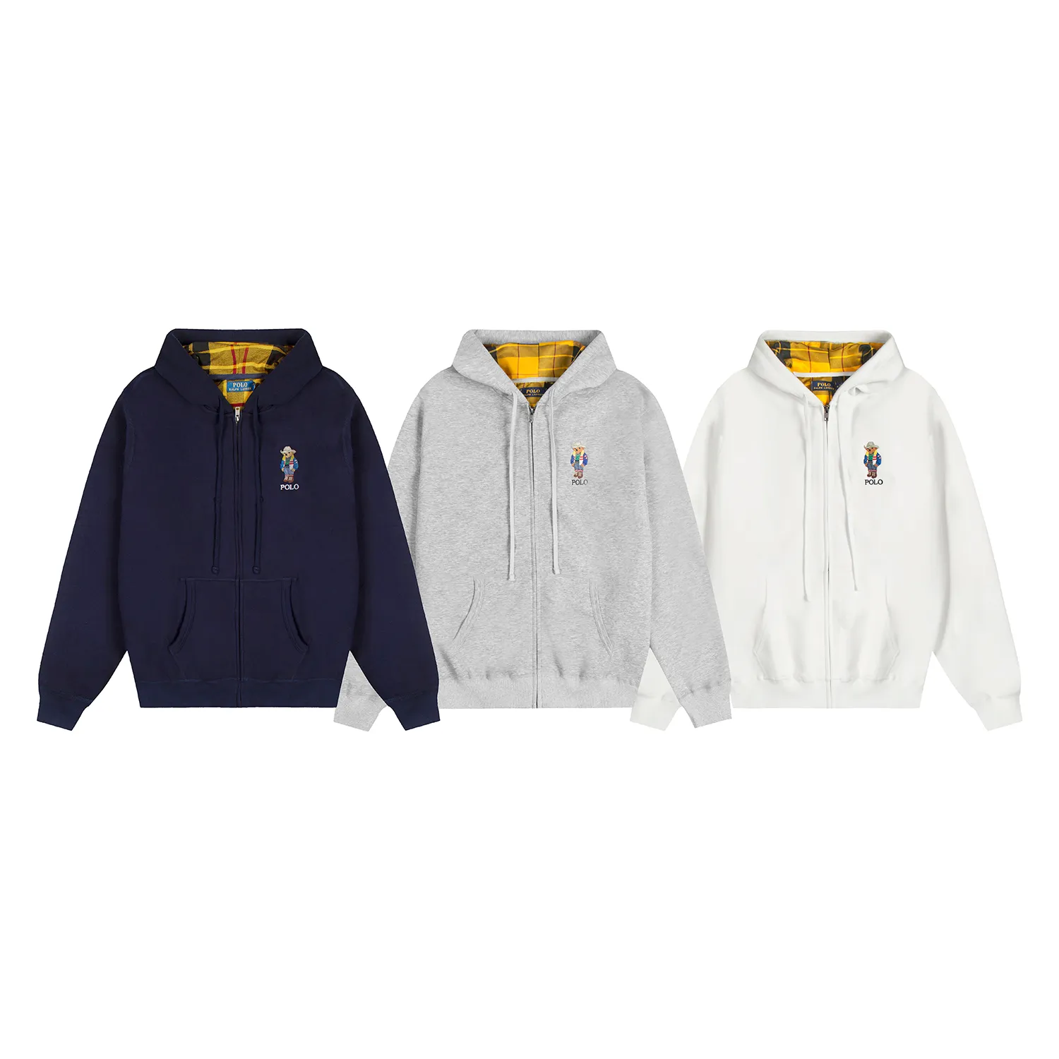 P270 White background picture [Popular item] Style number: 25104# Color: Navy blue/hemp gray/white Size: S to XL - Ralph Lauren/Ralph Lauren 2025AW Autumn and Winter bear series stacked topstitch design plaid lining hooded cardigan zipper sweatshirt - original workmanship consistent professional four-needle six-thread topstitch design✅ - face 370g double-sided cotton heavyweight fabric Contrast color yarn-dyed plaid inside ✅| - Highly restored customized brand zipper 0.8 pure cotton high-density hook and loop bonnet ✅ - RL limited design style Colorful bear logo precision embroidery Bright color contrasting plaid hood inside The upper body is colorful and distinguishes the classic style. Both men and women can easily control it. Simple and clean, versatile and can go wrong. Exposed topstitch 0.8 cm retro primary color hook and loop drawstring. Every detail is perfect.